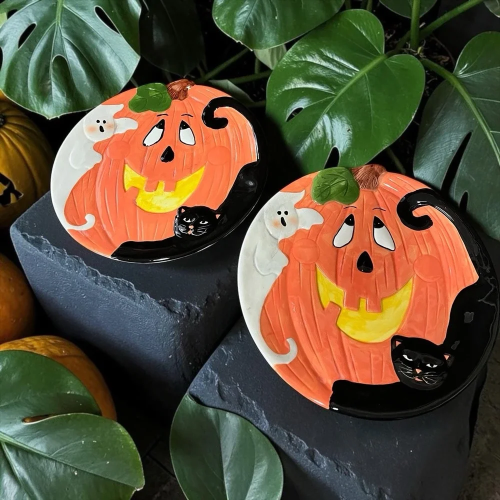 Halloween Jack-O-Lantern Ghost Black Cat Multicolor Dinner Snack Canape Plates 2
